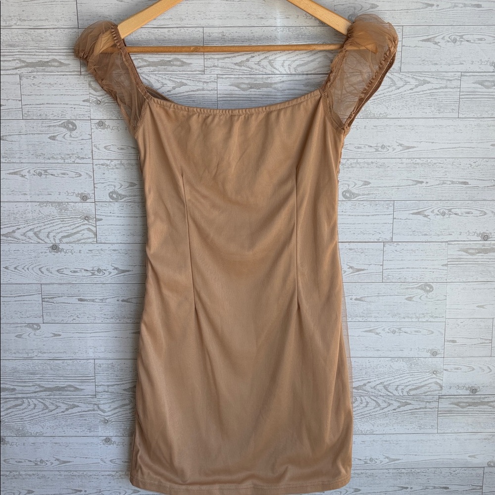 Femme Luxe Nude Ruched Mesh Mini Dress corset Bodycon sheer sleeves stretch 12 - Picture 5 of 9